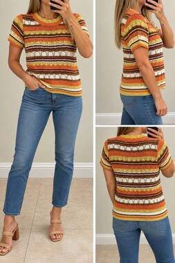 Strut & Bolt Crochet Knit Striped Short Sleeve Sweater Top Size Small